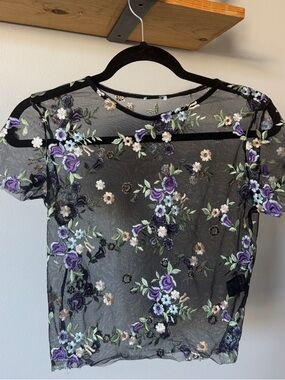 Sheer Black Floral Embroidered Short Sleeve Top
